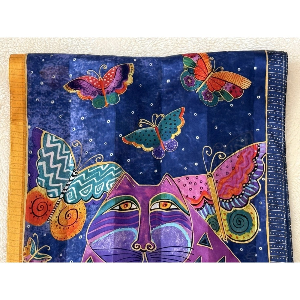 2015 Laurel Burch 100% Silk Scarf Indigo Cats & Butterflies 53x11 Wearable Art - Picture 5 of 11